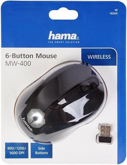 Hama MW-400 Optical Wireless 6-Button USB Ergonomic Mouse in Black #182626 (UK)