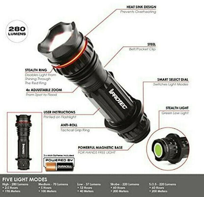 iProtec Pro 280 Lumen Tactical Flashlight Torch 4x Zoom  #IP5620 (UK Stock) BNIP