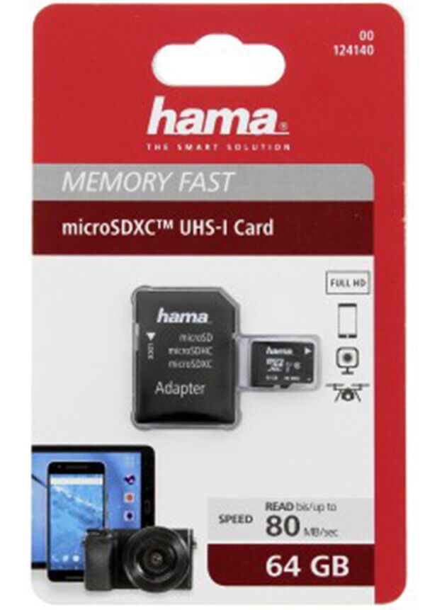 Hama micro SDXC 64GB Memory Card Class 10 UHS-I 80MB/s + Adapter (UK Stock) BNIP