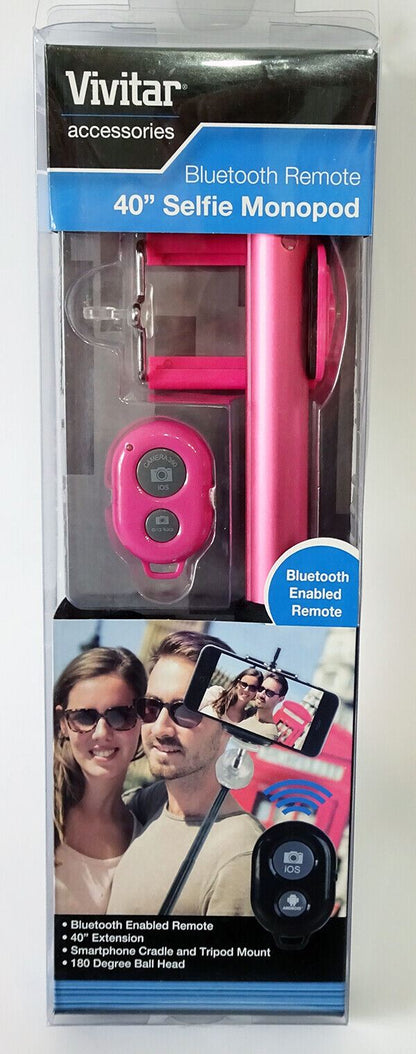 Vivitar 40" 100cm Selfie Stick Monopod in PINK + Bluetooth remote + Phone holder