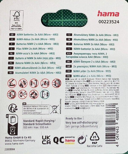 2 x HAMA NiMH Rechargeable Batteries, AAA 1000 mAh Mignon Quick Charge (UK) BNIP