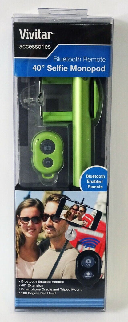 Vivitar 40" 100cm Selfie Stick Monopod Lime Green  Bluetooth remote Phone holder