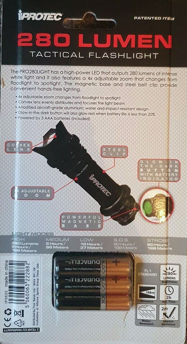 iProtec Pro 280 Lumen Tactical Flashlight Torch 4x Zoom  #IP5620 (UK Stock) BNIP