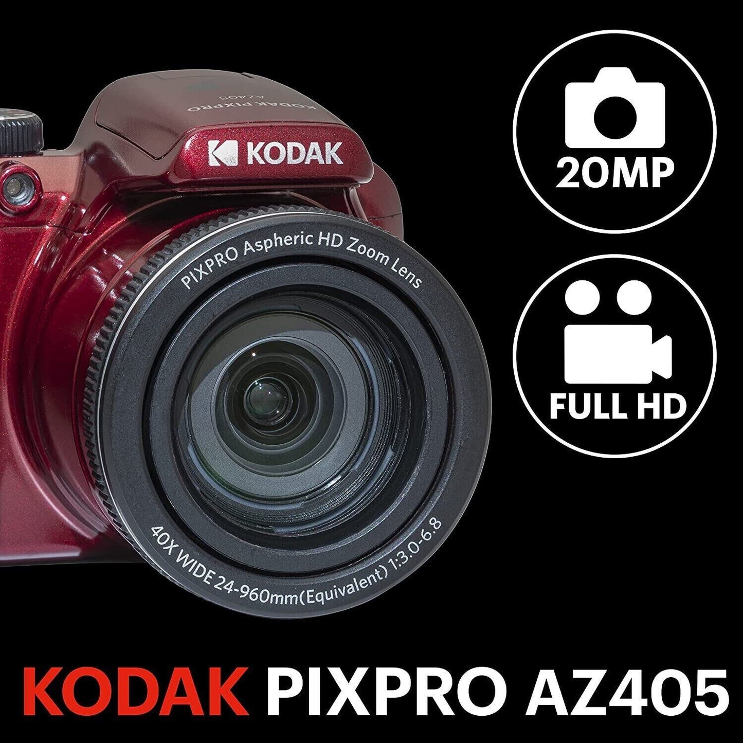 KODAK PIXPRO AZ405 DIGITAL 20MP 40x Zoom BRIDGE CAMERA Dark RED (UK Stock)  BNIB