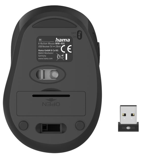 Hama MW-400 Optical Wireless 6-Button USB Ergonomic Mouse in Black #182626 (UK)