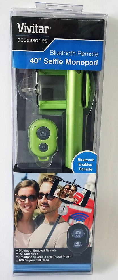 Vivitar 40" 100cm Selfie Stick Monopod Lime Green  Bluetooth remote Phone holder