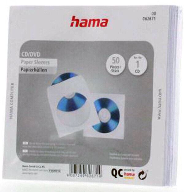 Hama CD / DVD Pack of 50 Paper Protective Storage Sleeves - White   #62671  (UK)