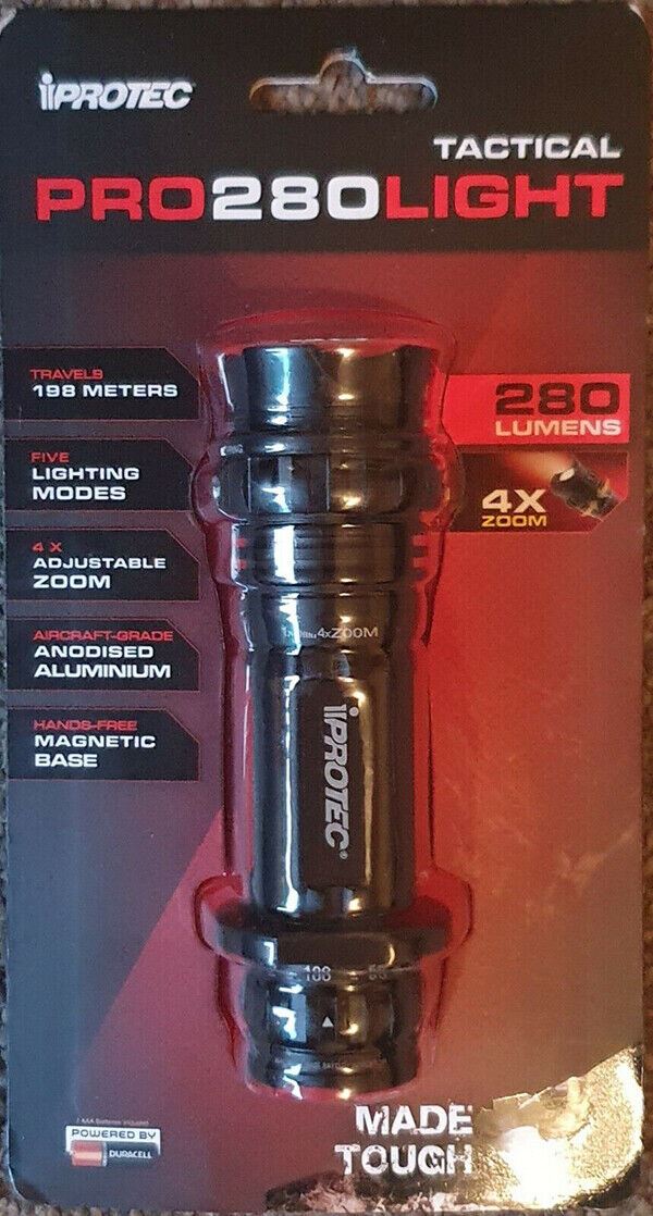 iProtec Pro 280 Lumen Tactical Flashlight Torch 4x Zoom  #IP5620 (UK Stock) BNIP