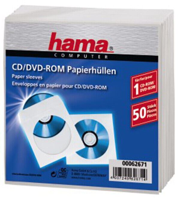 Hama CD / DVD Pack of 50 Paper Protective Storage Sleeves - White   #62671  (UK)