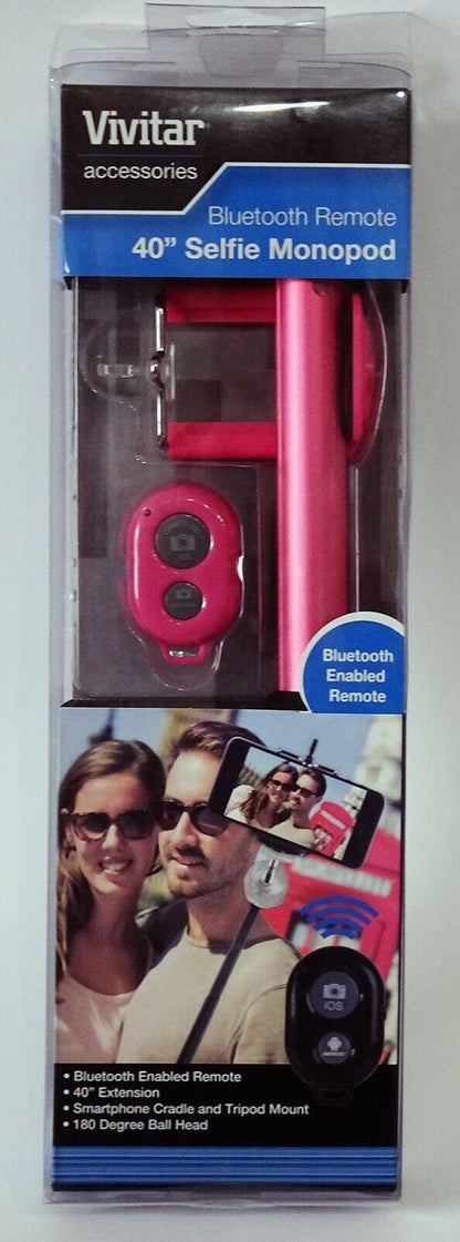 Vivitar 40" 100cm Selfie Stick Monopod in PINK + Bluetooth remote + Phone holder