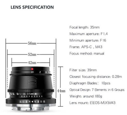 TTArtisan 35mm F1.4 Lens APS-C Format Fuji Film X Mount Camera Black (UK) 52.5mm