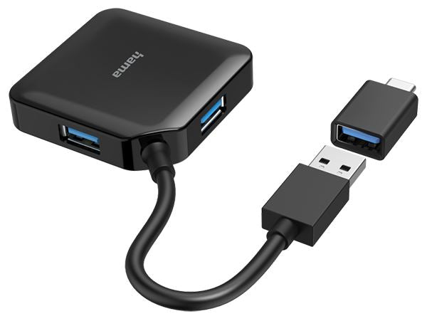 Hama USB 3.2 - 4 PORT HUB in BLACK + USB-C Adapter BUS POWERED #200116 (UK) BNIB