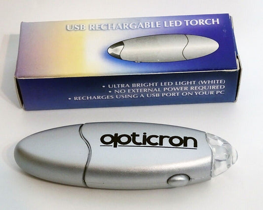 Opticron USB Rechargeable LED Torch in Silver with White LED (UK Stock) BNIB NOS