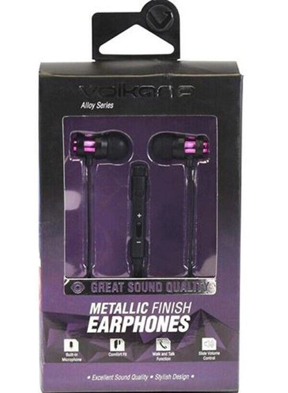 Volkano Alloy In-ear Wired Stereo Headphones + Mic Black Purple Comfort fit Buds