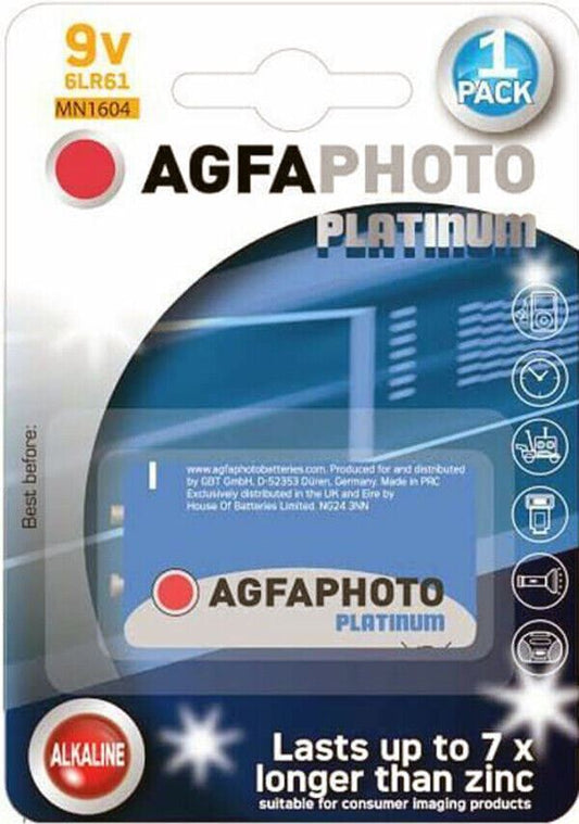 Agfa Photo 9V Platinum Power Alkaline Batteries Smoke Alarm LR22 MN1604 6LR61 UK