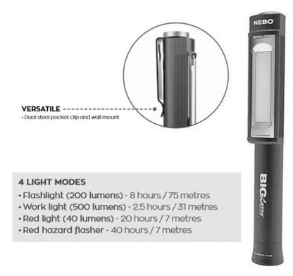 Nebo Big Larry 2 500 Lumen LED Torch + Work light in GREY  COB FL-1 LED (UK) NEW